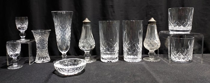 11 pcs WATERFORD CRYSTAL VASE, TUMBLERS, CORDIALS