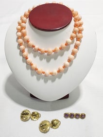 18k EARRINGS,14k & AMETHYST BROOCH, & CORAL STRAND