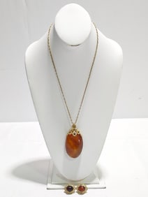 GOLD,AMBER, DIAMOND & SAPPHIRE NECKLACE & EARRINGS