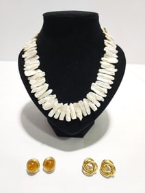 BIWA PEARL & 14k YG STRAND & 2 PR YELLOW GOLD EARRINGS