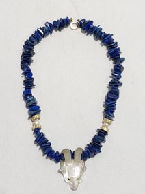 EXCEPTIONAL LAPIS PEARL CRYSTAL RAMS HEAD NECKLACE