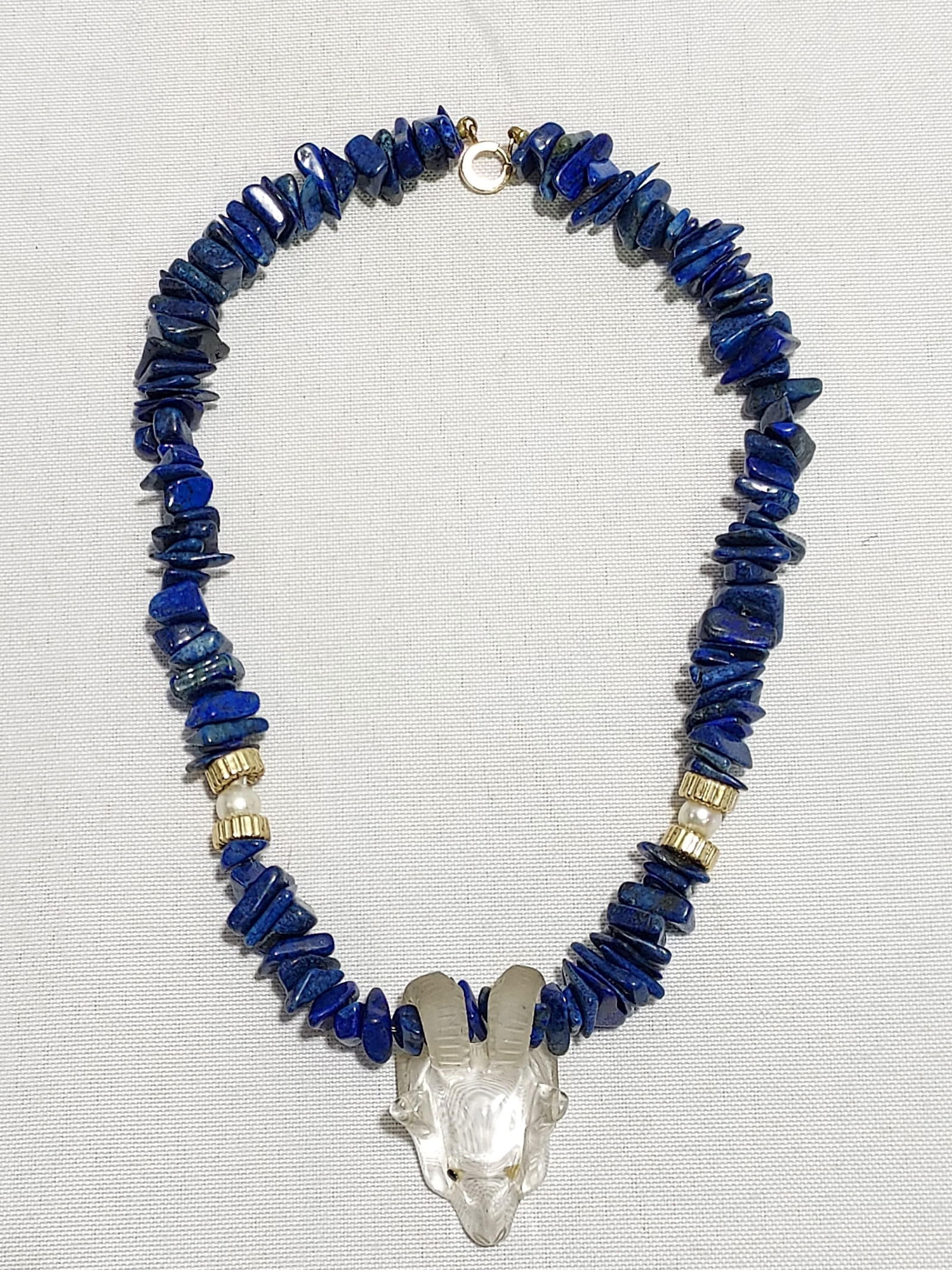 EXCEPTIONAL LAPIS PEARL CRYSTAL RAMS HEAD NECKLACE (1 of 8)