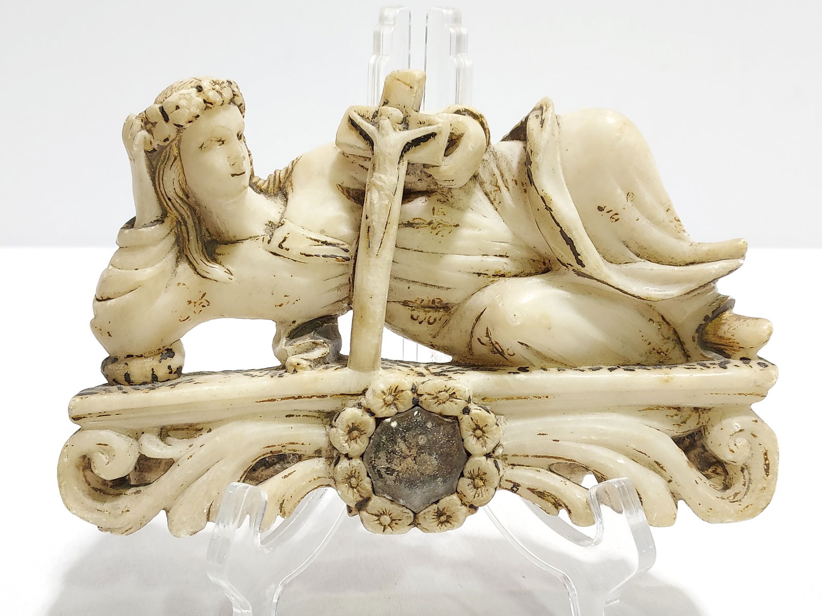 ANTIQUE GRECIAN CARVED MARBLE FIGURE W INLAID RELI (1 of 8)