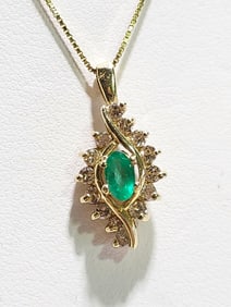 14K Y GOLD, EMERALD & DIAMOND OENDANT NECKLACE