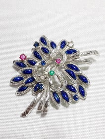 18k WHITE GOLD, DIAMOND, SAPPHIRE & ENAMEL BROOCH