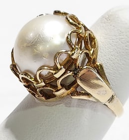 VINTAGE 14K YG EDWARDIAN 13MM MABE PEARL RING