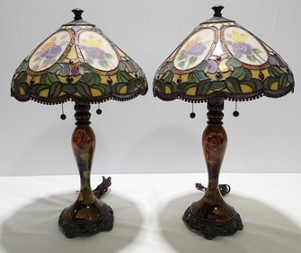 PAIR DALE TIFFANY STAINED LEADED GLASS TABLE LAMPS