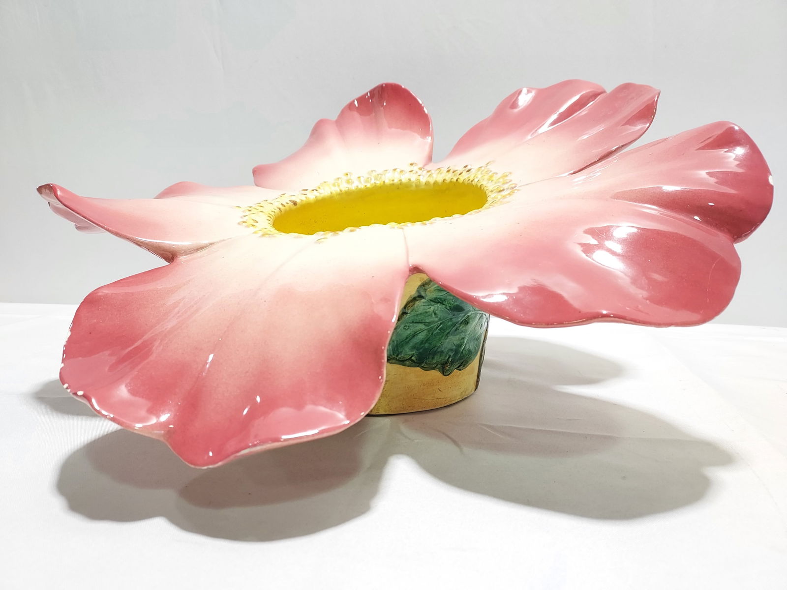 RARE DELPHIN MASSIER MAJOLICA WILD ROSE CACHE POT: Rare large Delphin Massier majolica wild rose / passion flower / hibiscus form cache pot ca. 1880. Measures a total of 11" tall x 20.5" diameter. Signed on the base. Interior of the center bowl is pai