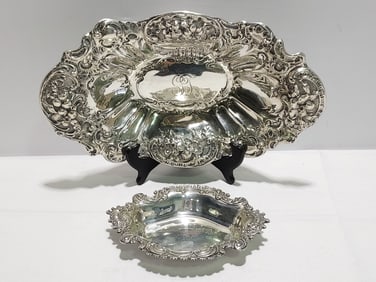 TWO EMBOSSED STERLING SILVER TRAYS / DISHES