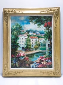 DECORATIVE OIL ON CANVAS PAINTING: GARDEN POOL