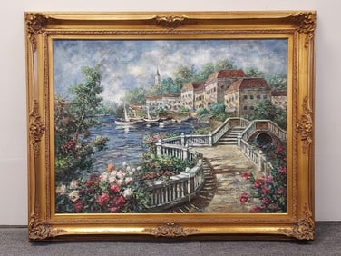 WAYNE JIANG OIL ON CANVAS PAINTING: TOWN LANDSCAPE