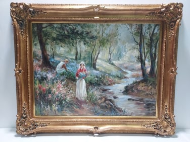 DECORATIVE OIL ON CANVAS PAINTING: GIRLS W/ CREEK