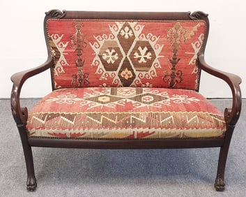 ANTIQUE EMPIRE REVIVAL KILIM UPHOLSTERED SETTEE