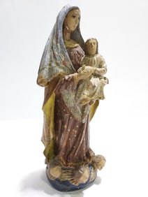 POLYCHROME CARVED WOOD MADONNA & CHILD SANTOS