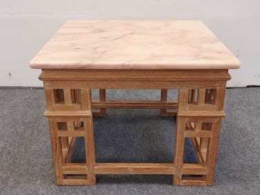 PINK MARBLE TOP AND CARVED WOOD SIDE TABLE
