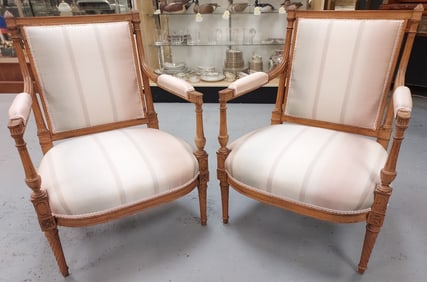 PAIR VINTAGE LOUIS XVI STYLE UPHOLSTERED ARMCHAIRS