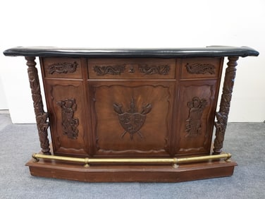 LARGE CHINESE CARVED WOOD & MARBLE TOP BAR
