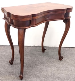 VINTAGE MARQUETRY FLIP TOP CONSOLE TABLE