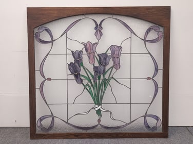 VINTAGE IRIS PATTERN LEADED GLASS WINDOW PANEL