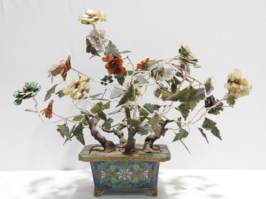CHINESE REPUBLIC PERIOD JADE TREE IN CLOISONNE POT