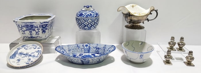 STERLING RAMEKIN HOLDER, ASSORTED CERAMICS, ETC