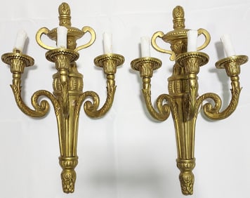 PAIR GOLD TONE BRASS THREE ARM WALL SCONCES