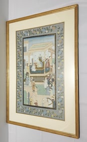 LARGE FRAMED INDO-PERSIAN GOUACHE PAINTING ON SILK