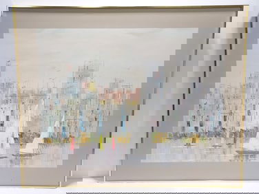 LARGE OIL ON CANVAS PAINTING SAILBOATS W CITYSCAPE