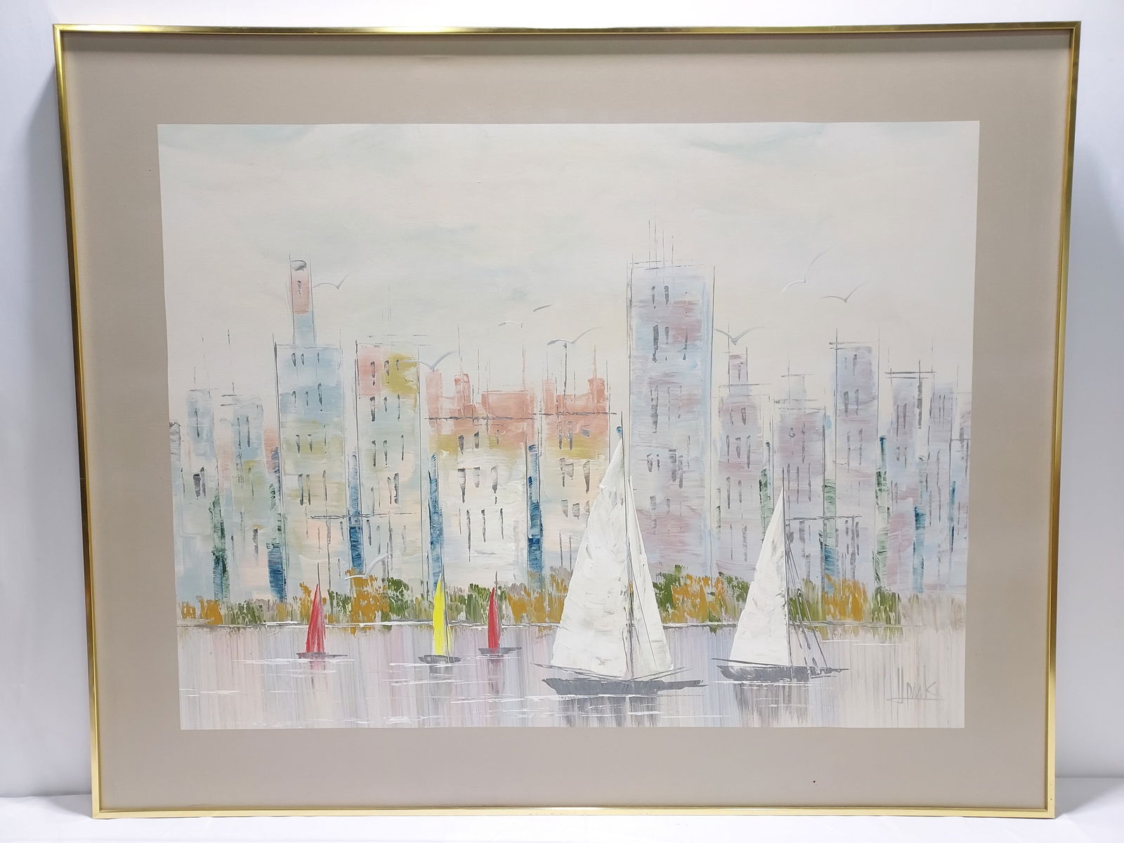 LARGE OIL ON CANVAS PAINTING SAILBOATS W CITYSCAPE (1 of 5)