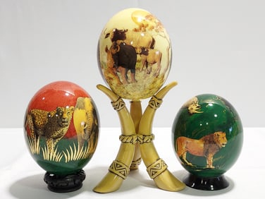 THREE DECORATIVE DECOUPAGE OSTRICH EGGS