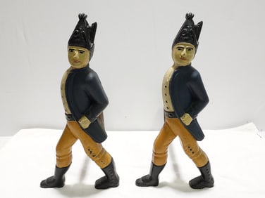 PAIR 19TH C HESSIAN SOLDIER PAINTED IRON ANDIRONS