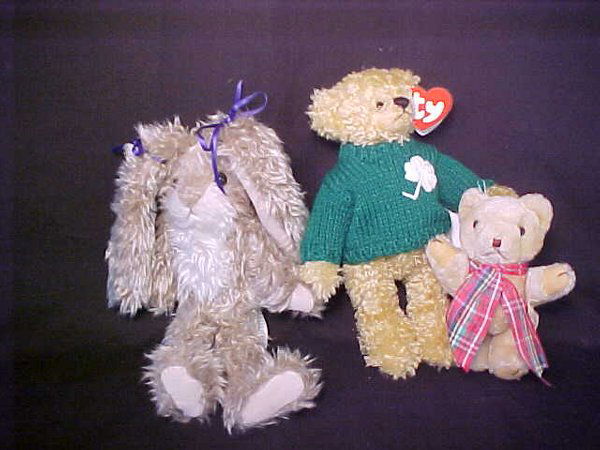 DAKIN TY COLLECTIBLE STUFFED ANIMALS: Dakin rabbit measures 14" high, Ty bear is 8" high and plush bear is 5" high.