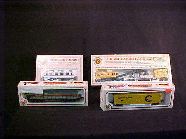BACHMANN HO SCALE ENGINE BOX CAR 4 PCS: Lighted 8458 Erie Lackawanna Locomotive, B & O Chessie system box car, AMtrak track cleaning diesel and Union Pacific Crane car and Floodlight car.