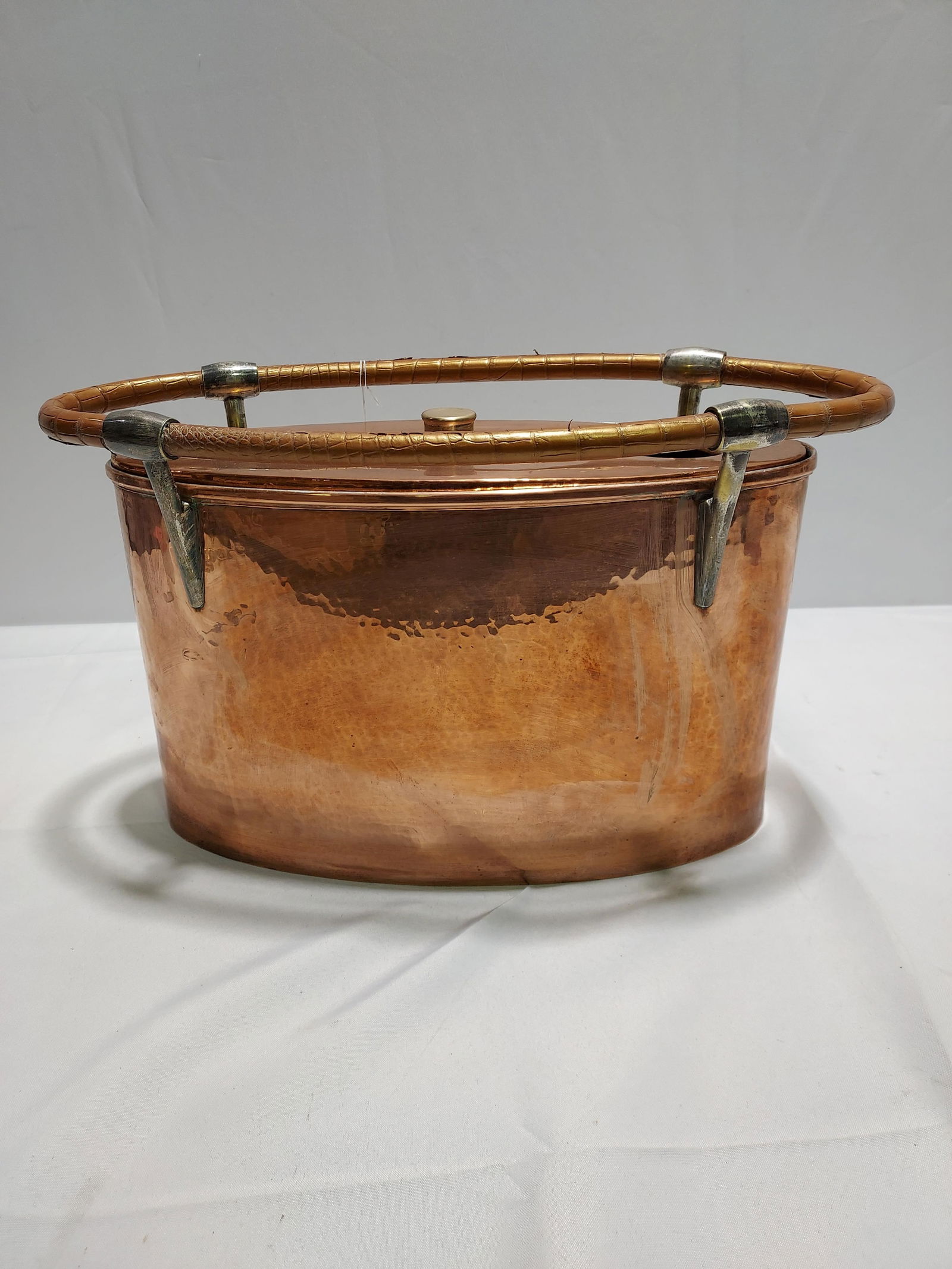 H156 Large 2 bottle Copper Wine / Beverage Cooler: Copper water or wine cooler with stainless steel fittings and leather wrapped handle. 12" x 20 x 9.5".