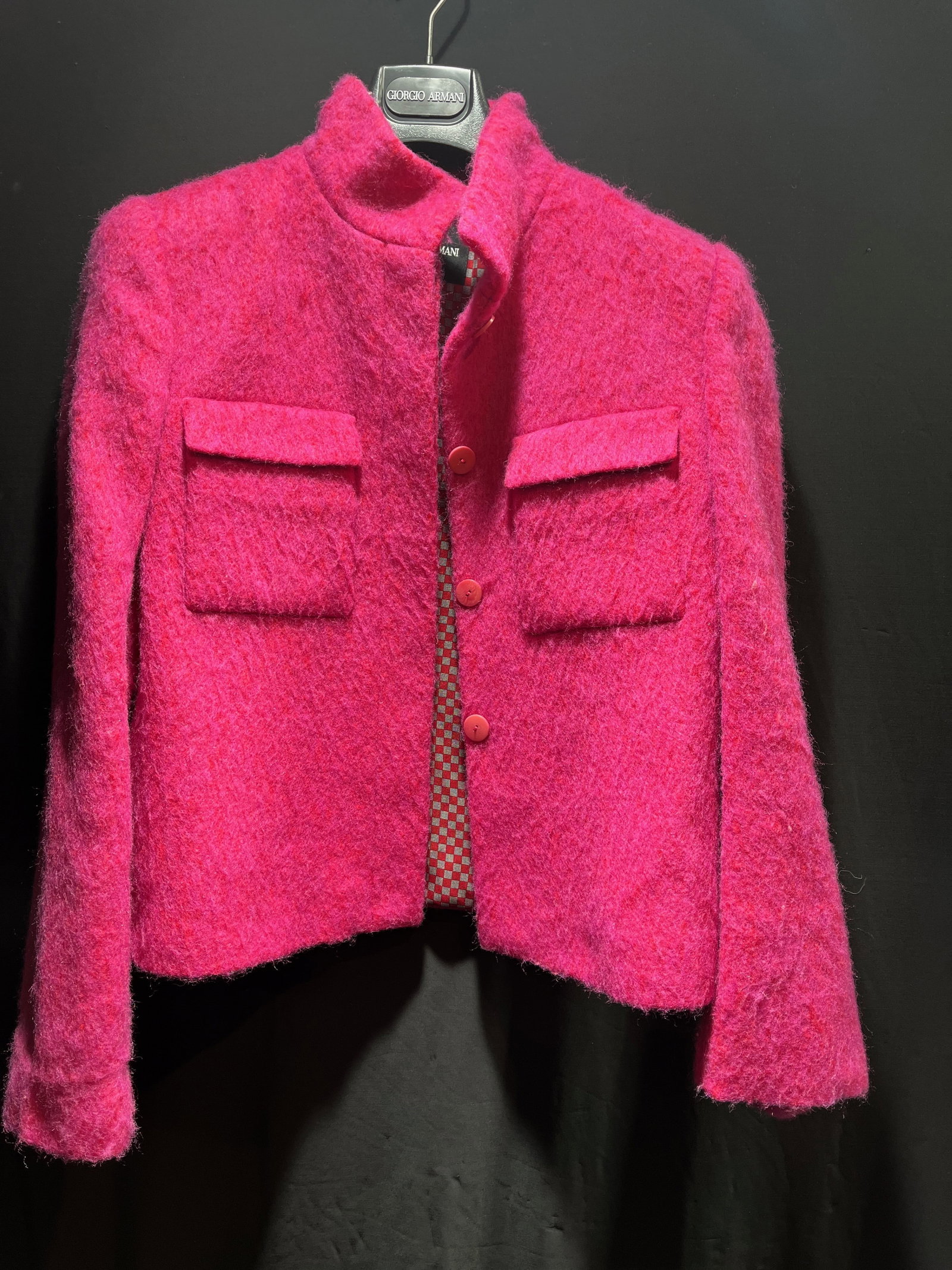 H1548 Giorgio Armani mohair blend jacket:: Giorgio Armani mohair blend jacket: Hot pink with standing collar, dual pockets and button closures at front. Size 42