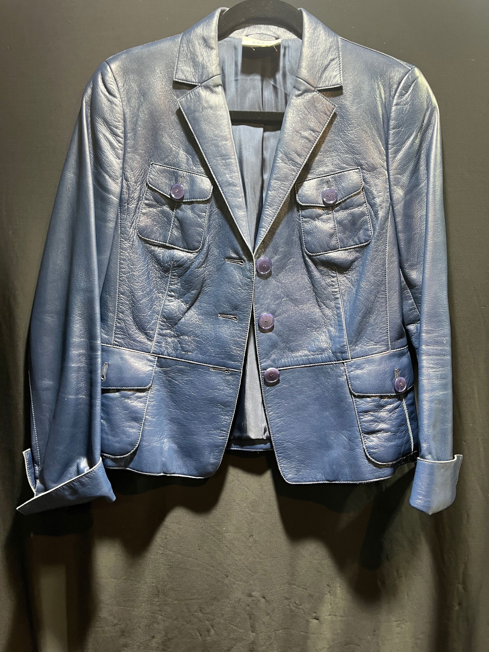 H880 Akris navy blue short leather blazer (1 of 7)