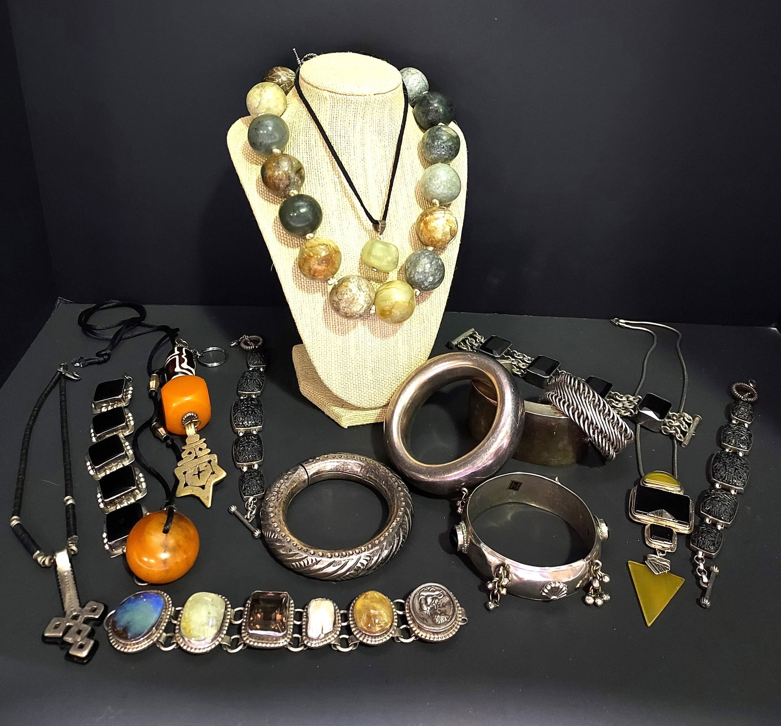 H526 16 pc signed and unsigned costume jewelry: 16 pc signed and unsigned costume jewelry, mostly sterling including: 1- a chunky unsigned sterling silver bangle, 2-a chunky Kalibre sterling silver open cuff bracelet, 3- a Lois Hill woven sterling 