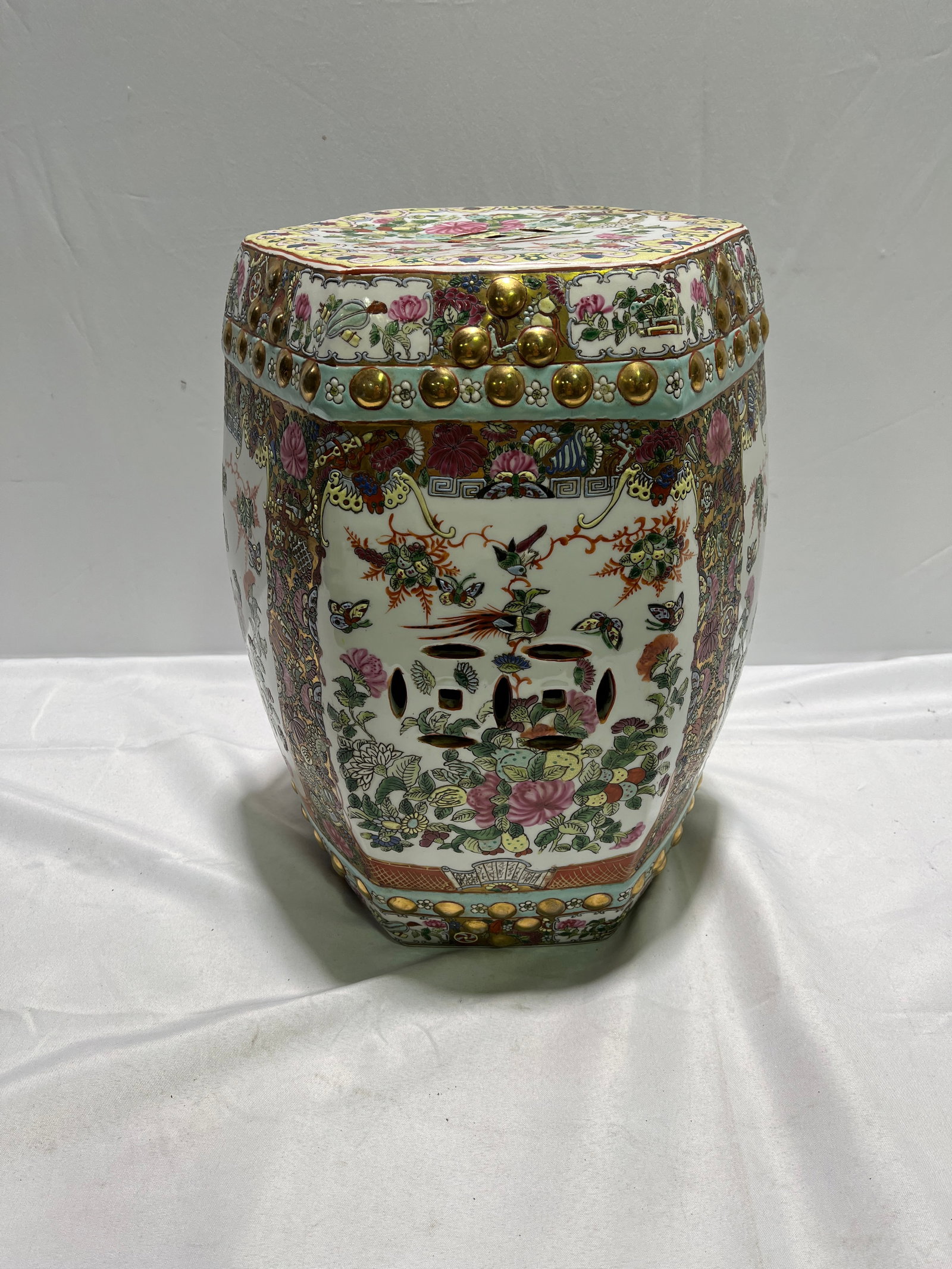 H117 Rose Medallion Porcelain Umbrella Stand: A rose medallion porcelain umbrella stand. 24" x 10" 4th quarter 20th C.