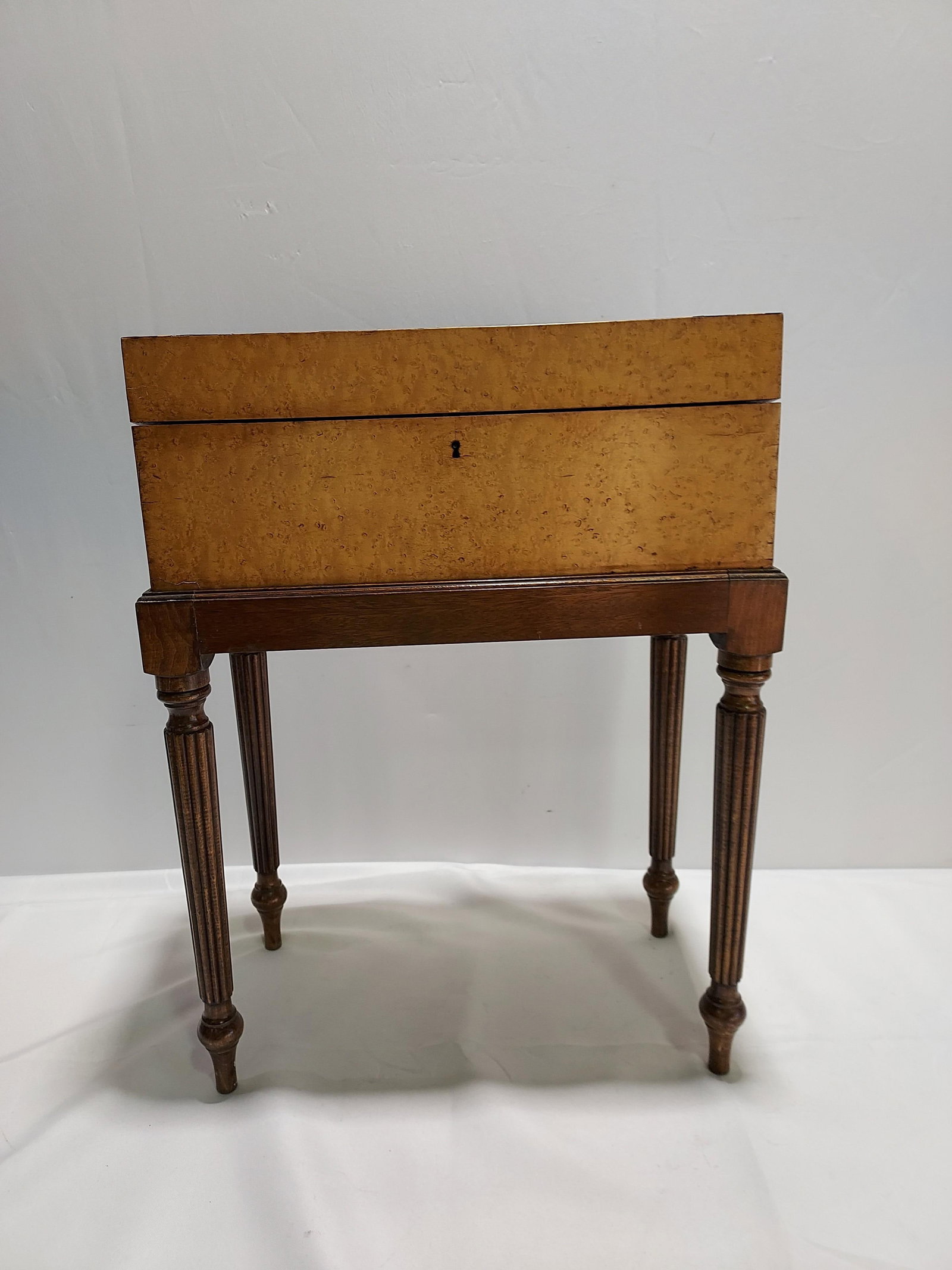 H13 Writing desk on stand: Writing desk on stand: Checker board style parquetry inlay on lid, burled white ash veneers on 4 sides, fitted interior with velvet lined writing surface, lock and key; later added fitted stand with w