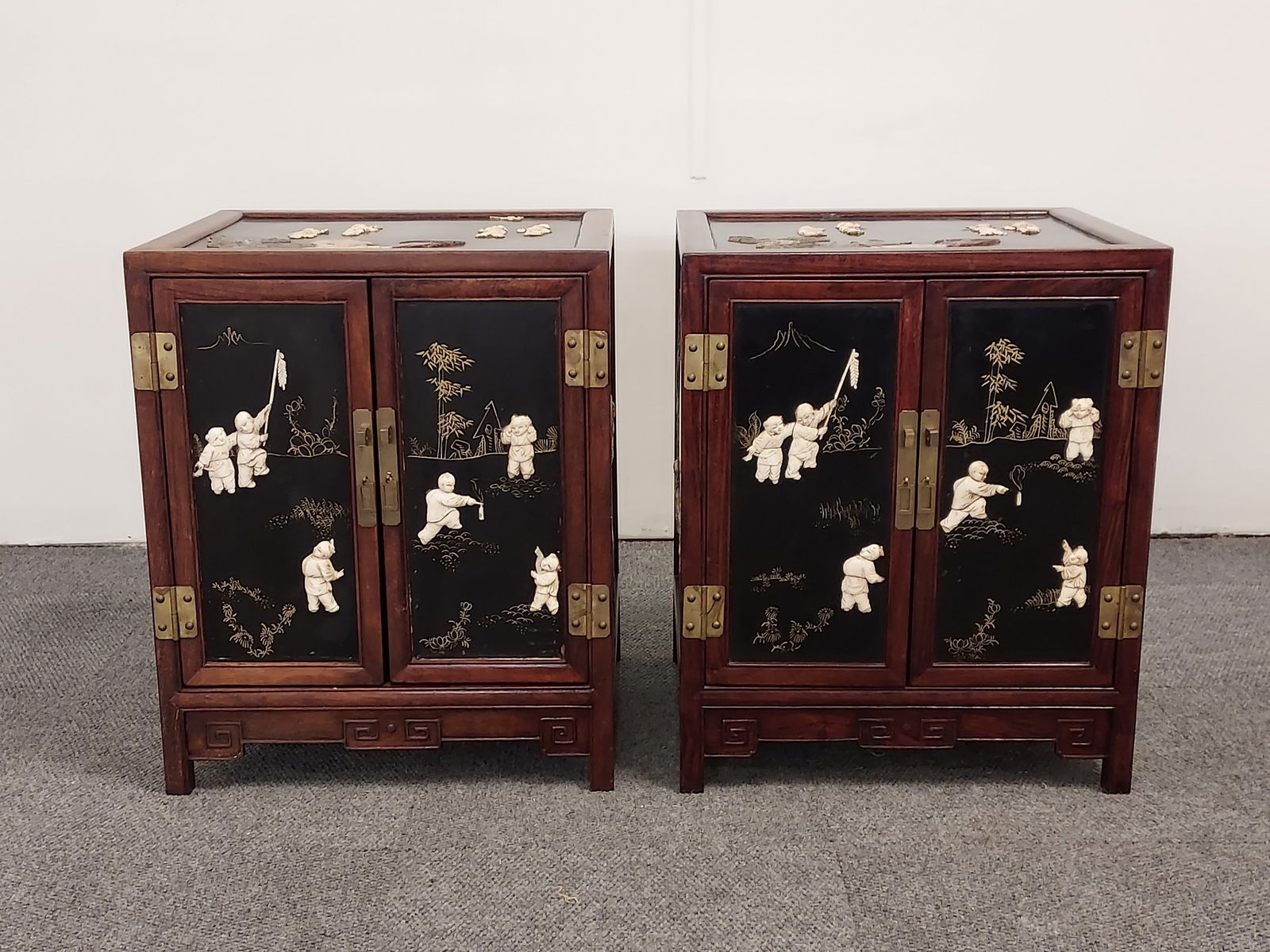 H188 A pair of Chinese stone inlay 2-door cabinets (1 of 14)