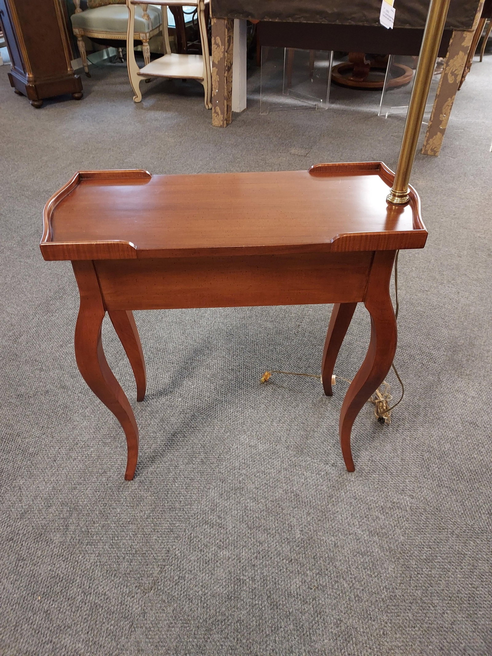 H1037 Table with Attached Reading Lamp: Table with attached lamp: partial gallery, cabriole style legs. 3rd quarter 20th C. 56" x 26" x 11".