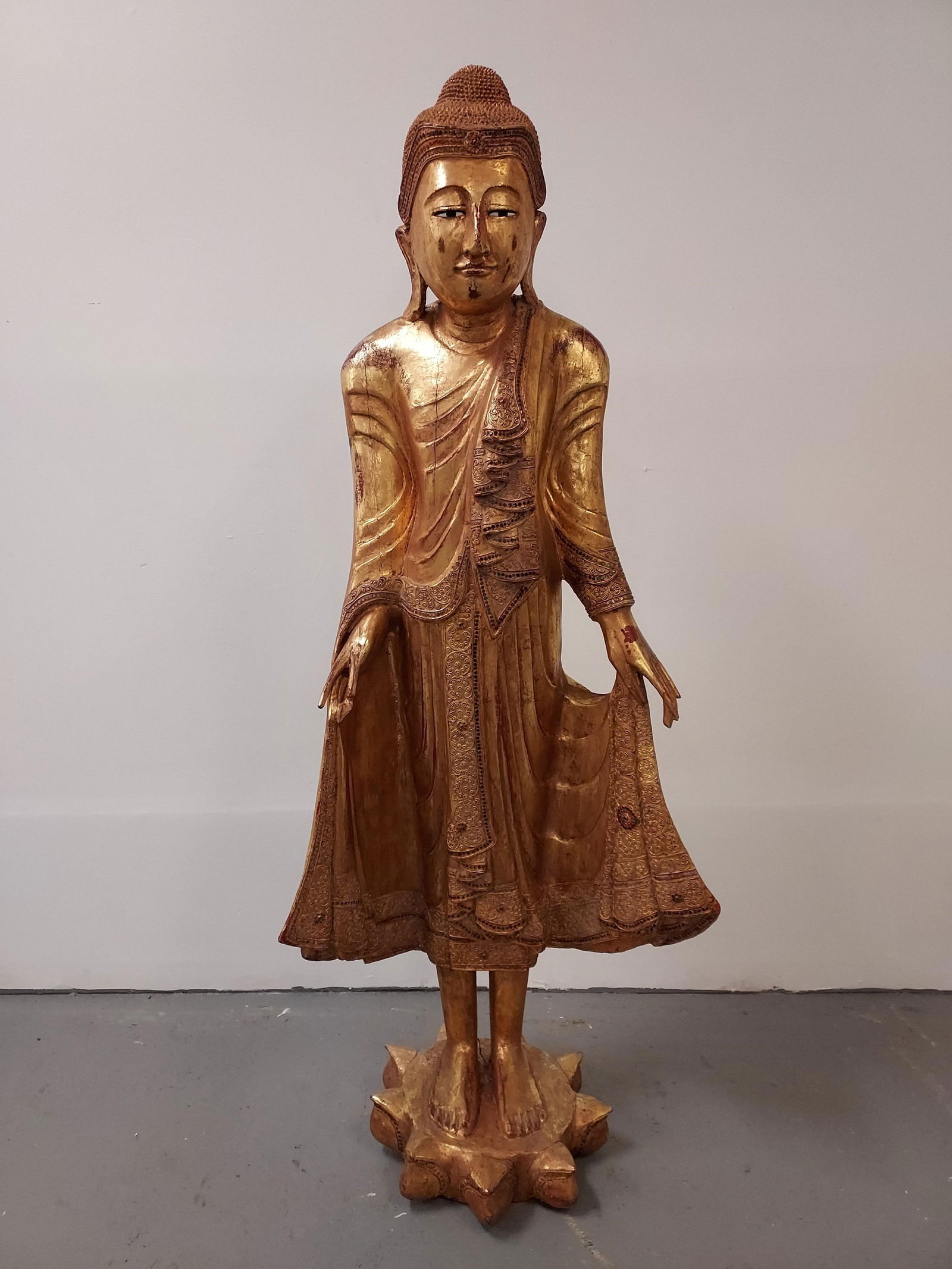 H109 Thai Wood Carved Gilded Standing Buddha 62" (1 of 14)