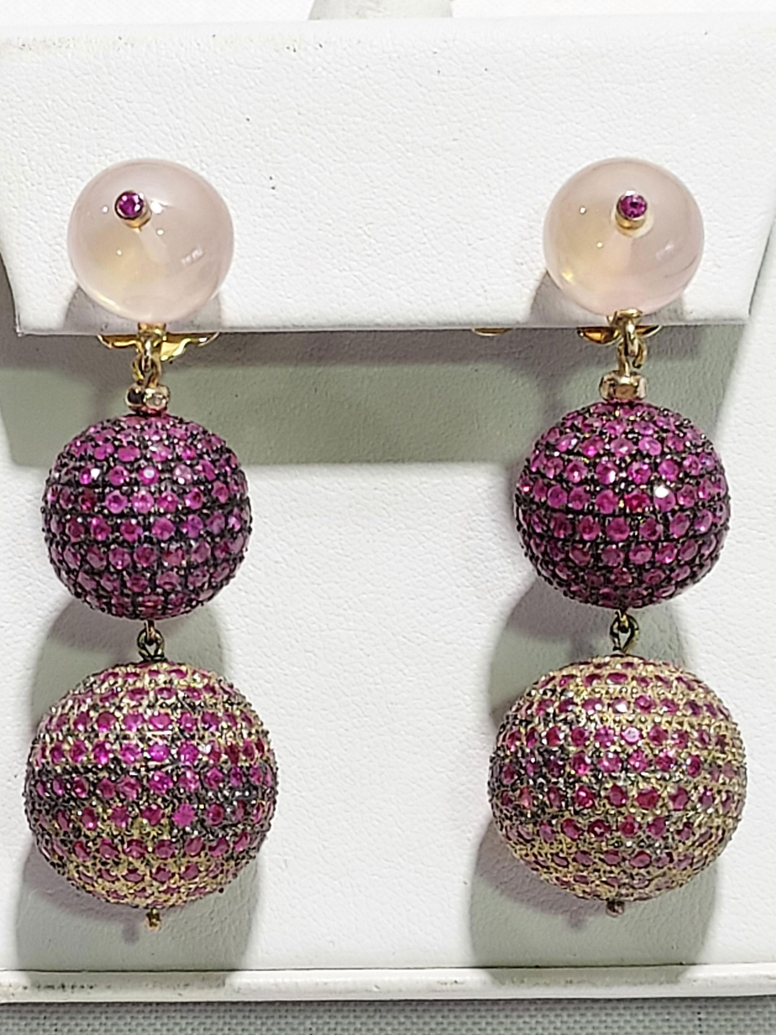 HJ296 Rose quartz & sapphire ball drop earrings (1 of 6)