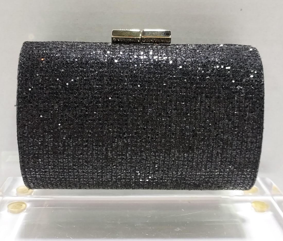 H1012 Jimmy Choo black glitter clutch: Jimmy Choo black glitter clutch purse: small amount of fraying on one corner.