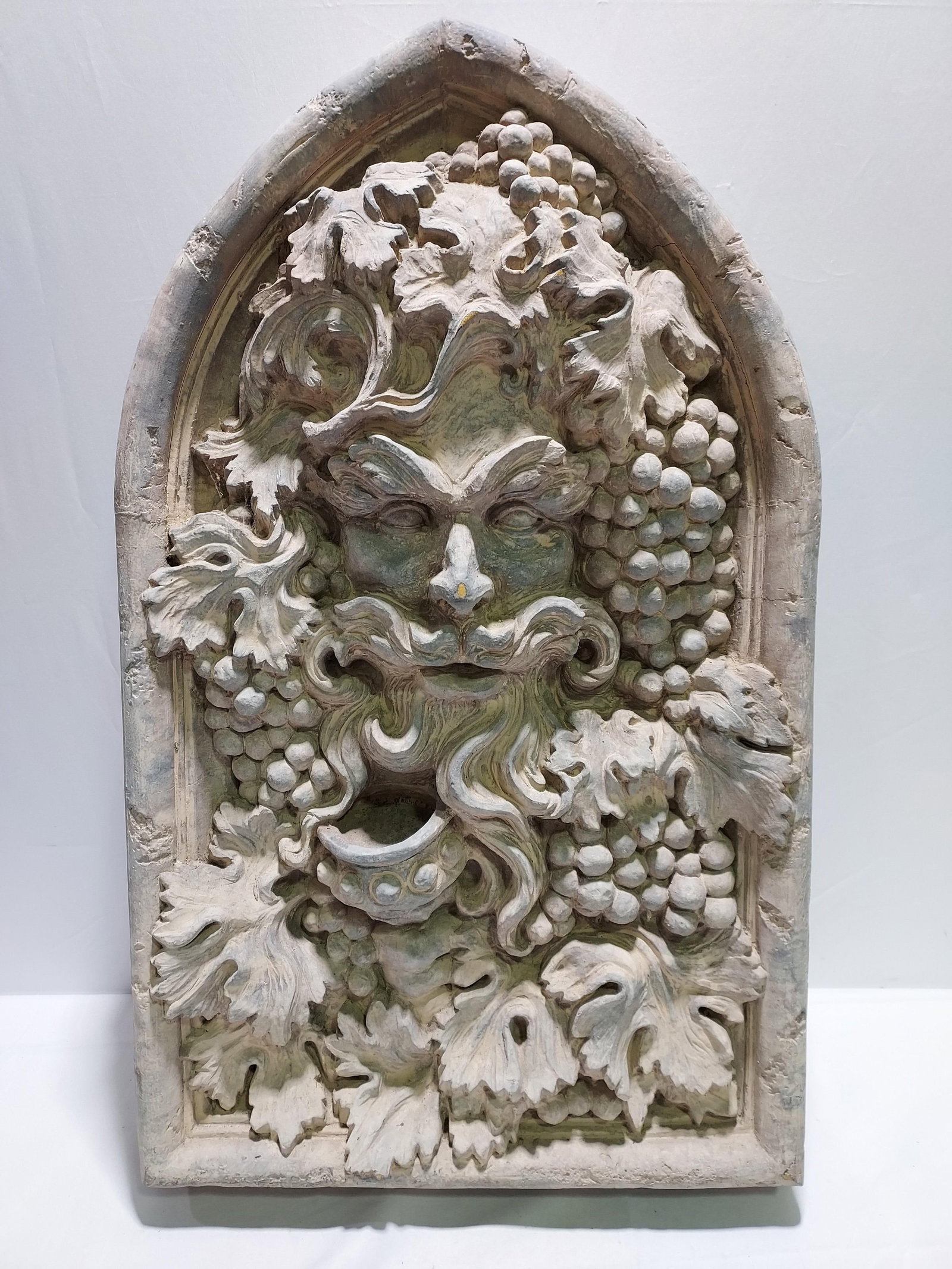 H2328 Vintage Wall Hanging Bacchus God of Wine: Vintage Wall Hanging Bacchus God of Wine: Faux painted plaster. Measures 40" x 24" x 5". Weight approx 20 lbs