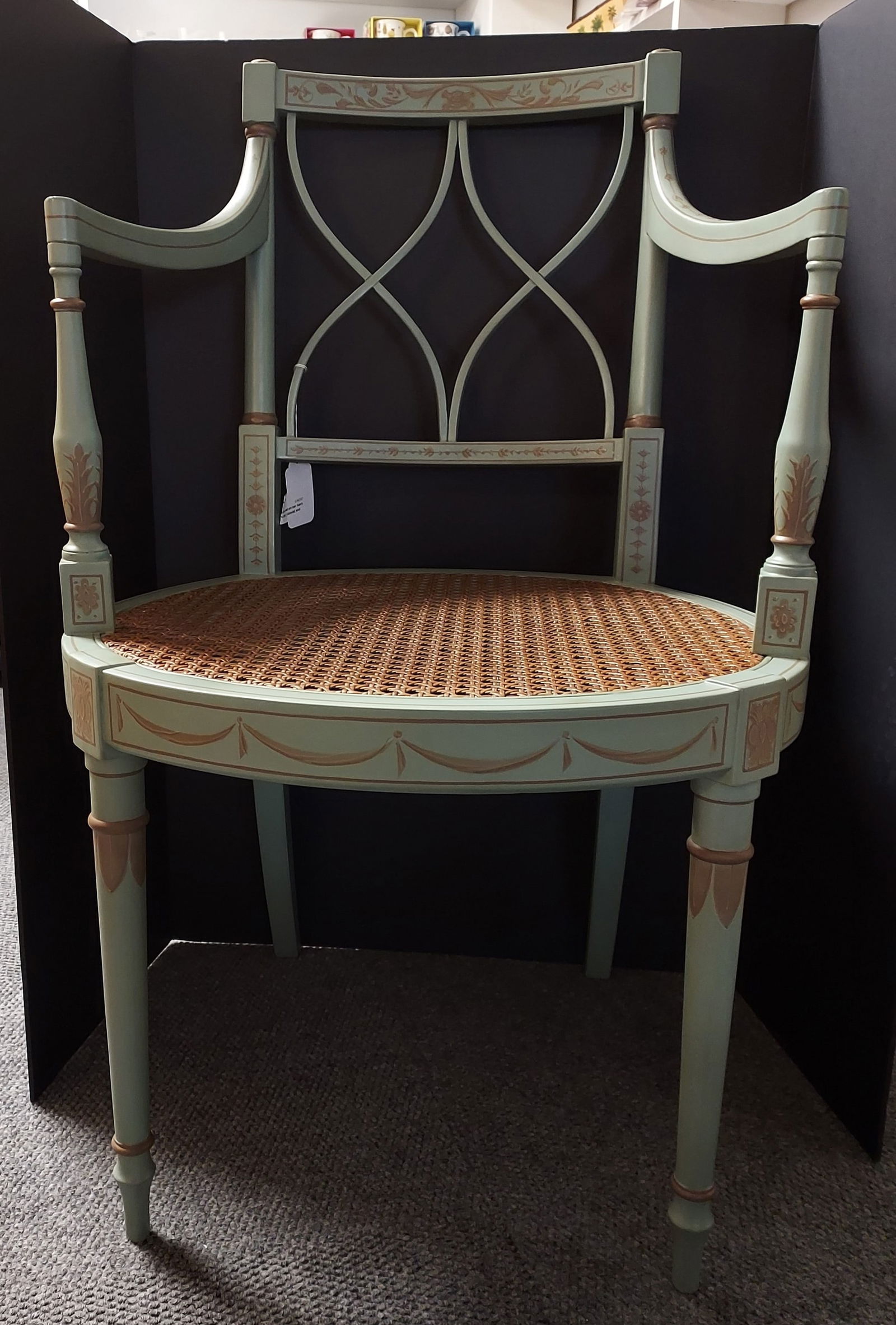 1226 Adam's style painted cane seat arm chair: (1 of 13)