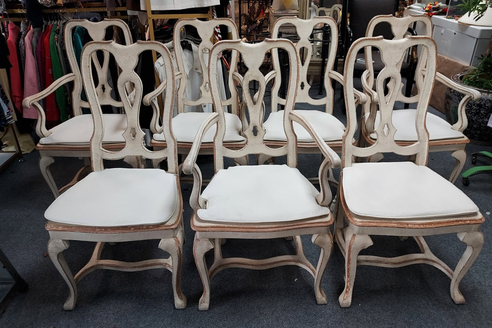 H102 8 Baker Furniture Company Chairs: 8 Baker Furniture Company chairs.. 8 French provincial chairs with a curved top rail, sloping back with a key-hole style back splat, caned seat, cabriole legs with H-style stretcher, and spade feet. L