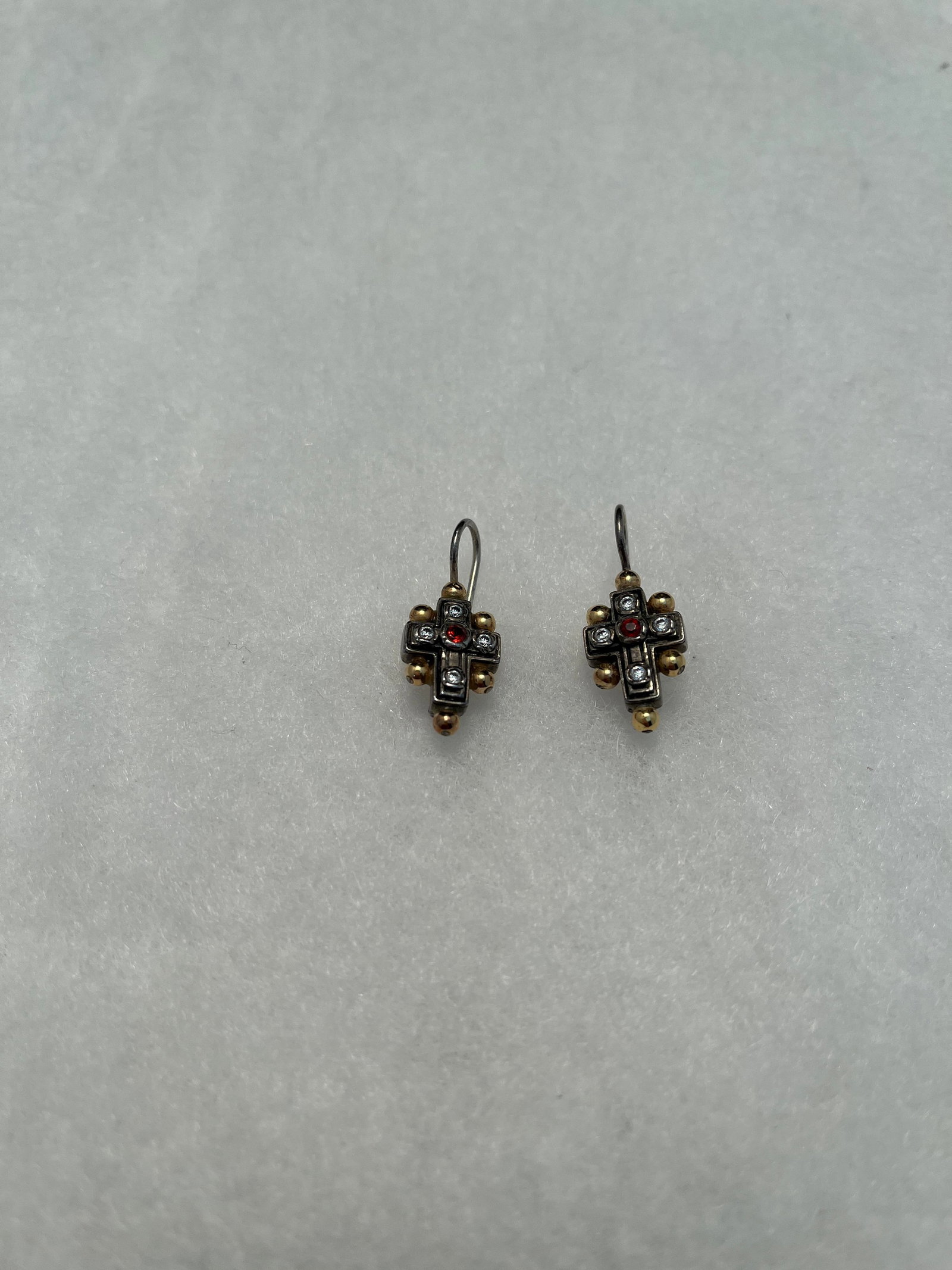 HJ128 Konstantino silver and gold cross earrings: Konstantino silver and gold cross earrings. Silver cross with stones and gold bead accents. Stamped Konstantino.