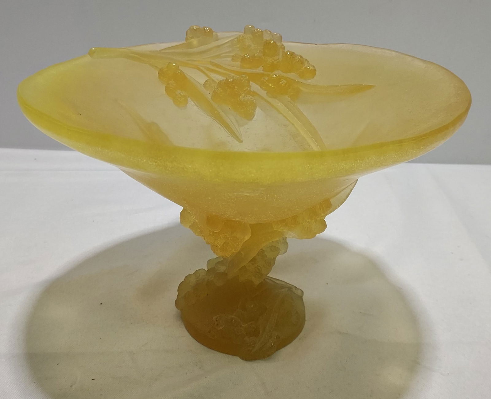 H274 Daum Pate de Verre 10" Footed Bowl / compote: Daum Pate de Verre 10" Footed Bowl - Signed on base. Good condition. Weight for shipping 4lbs 7" x 10.5" x 10.5". Possibly Mimosa pattern.