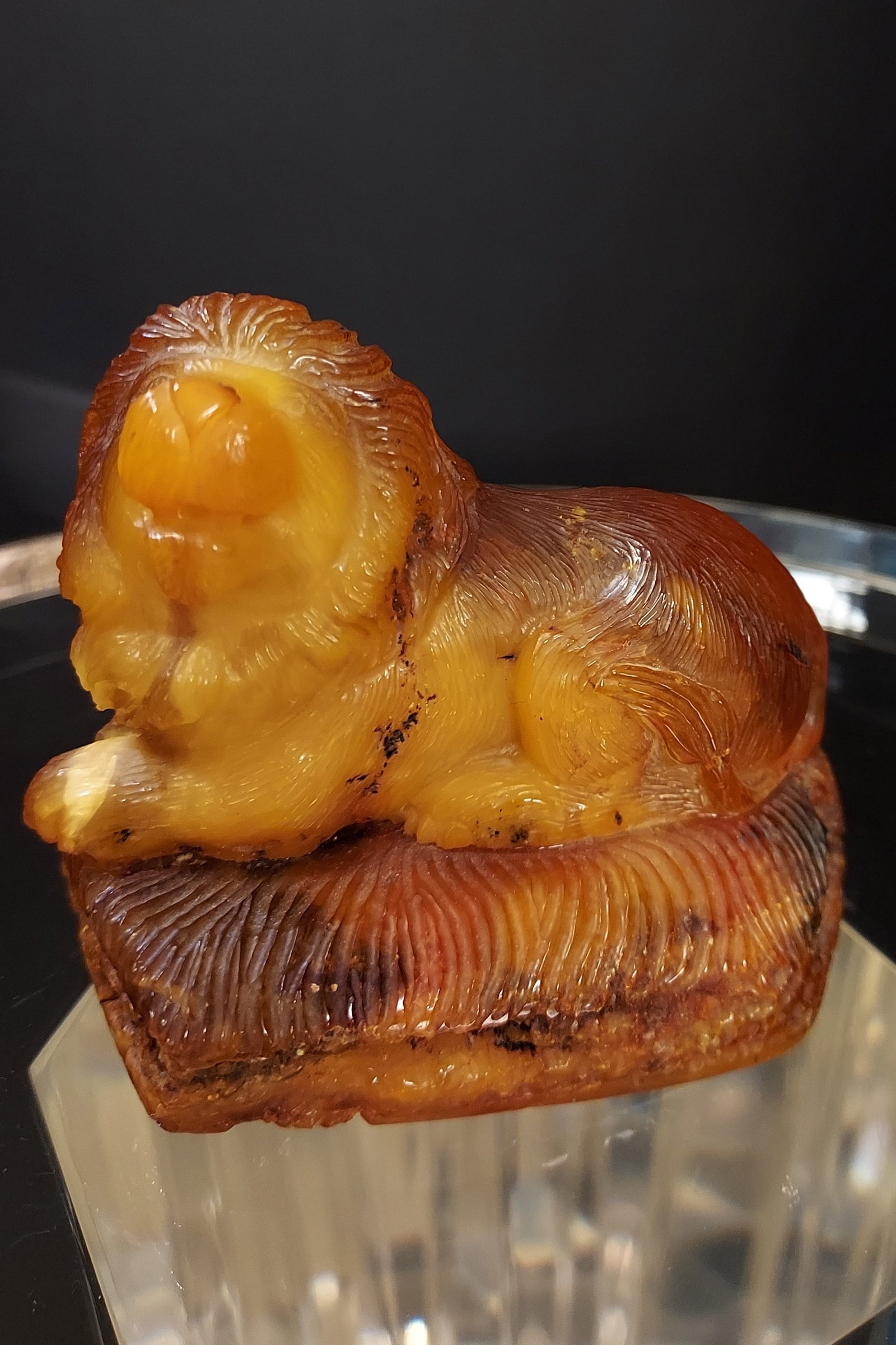 H001 Carved Baltic Amber Lion Cognac Butterscotch: Carved Baltic Amber Lion Cognac, butterscotch, egg yolk. Opaque in front with translucence in back. Bottom is carved and natural. Unsigned. 3" x 3.25" x 1.75". Natural inclusions as shown in images.